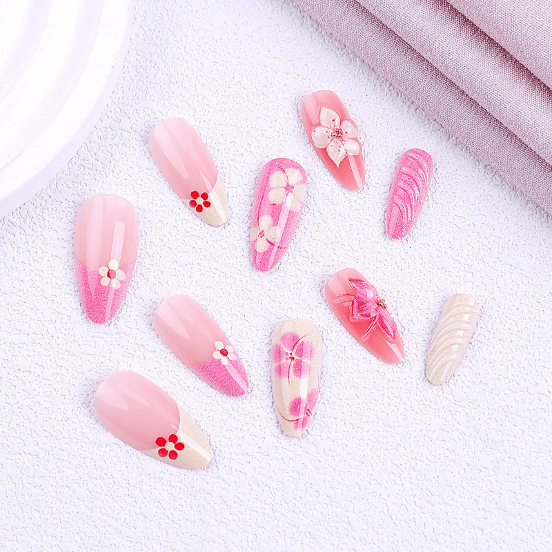 48pcs Almond Press on Nails, Pink Yellow 3D Flower Hand Paint Summer Nails