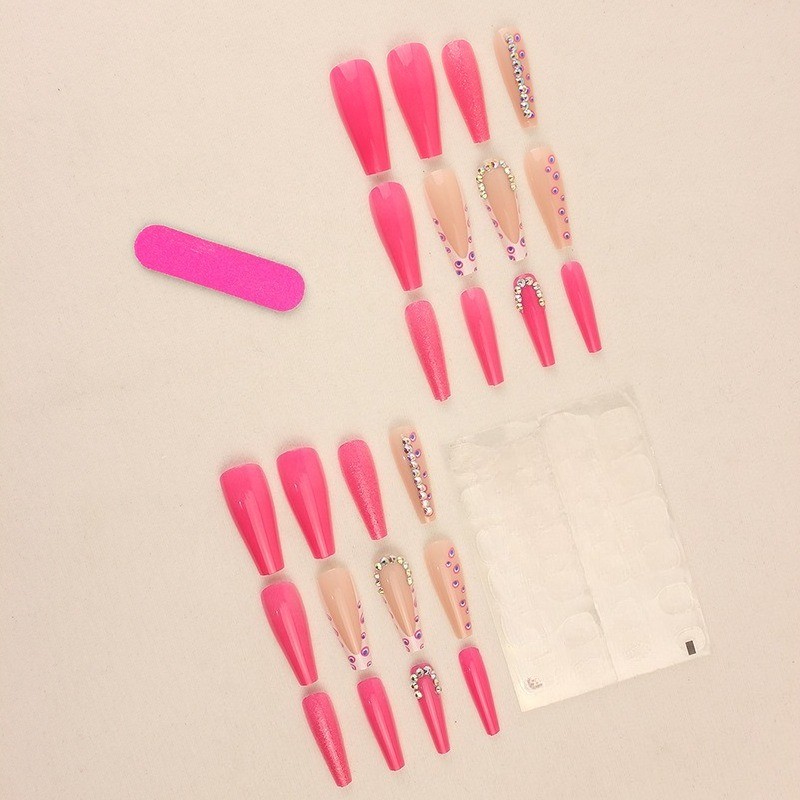 48pcs-Long Coffin Press on Nail, Bright Pink with Glitter Tips&Rhinestone Detail