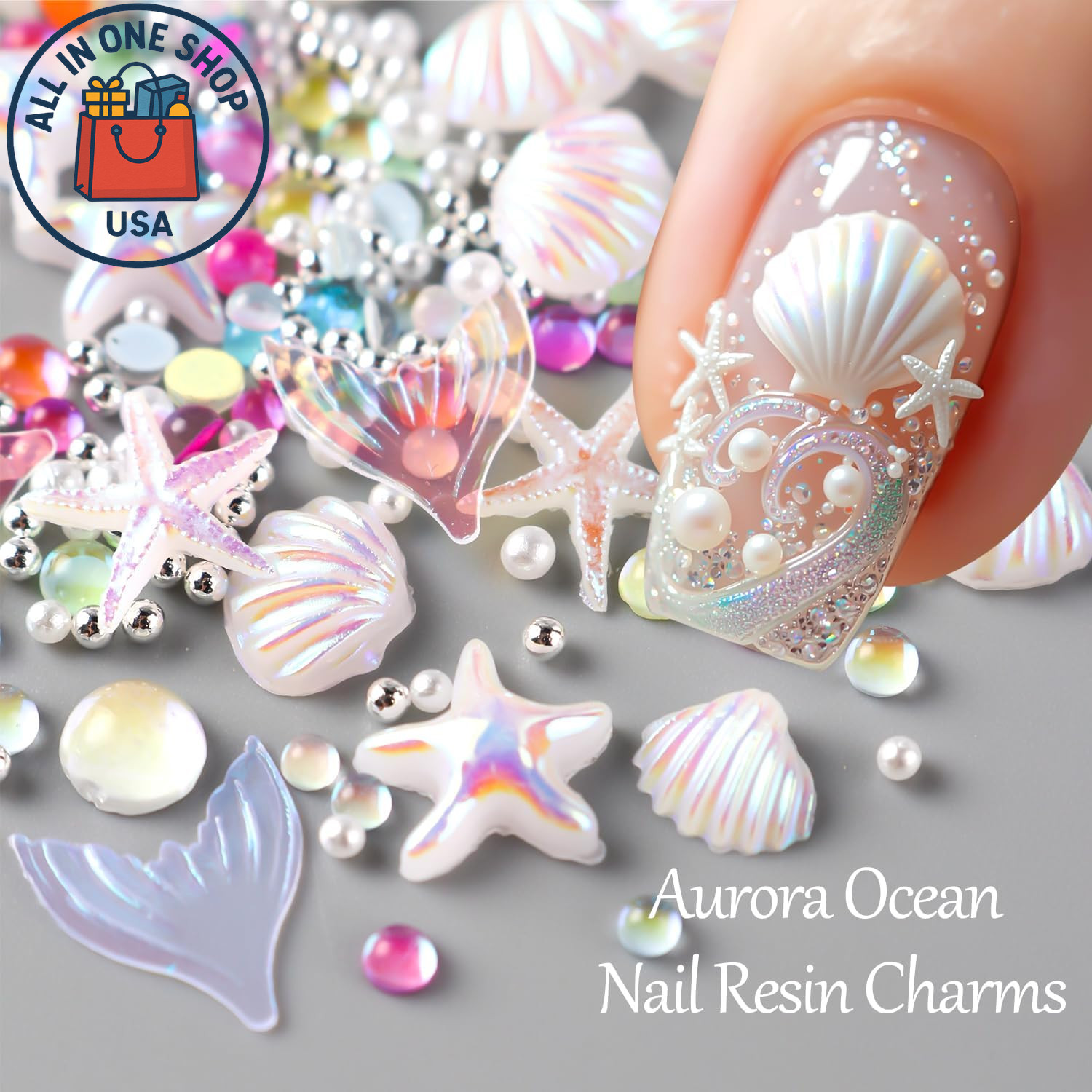 3D Summer Beach Nail Charms Set – Seashell Starfish Gems for DIY Manicure