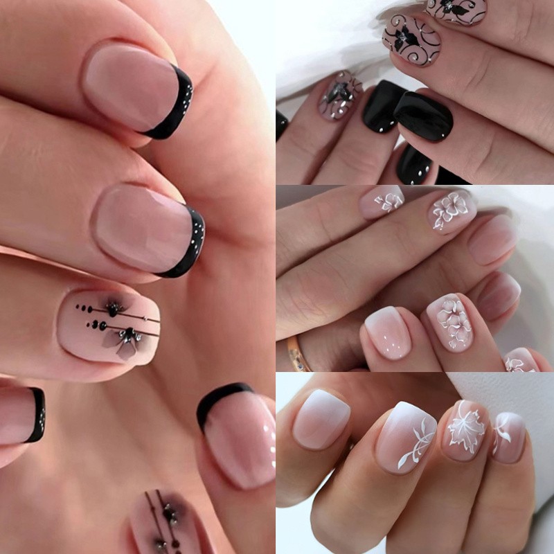 96PCS Elegant Floral Pattern Press on Nails Gradient French Reusable False Nails