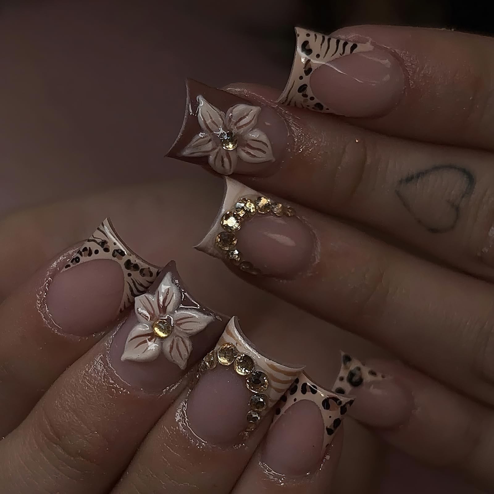 Jremg Leopard Print French Tip Press on Nails Short Square, Multicolor