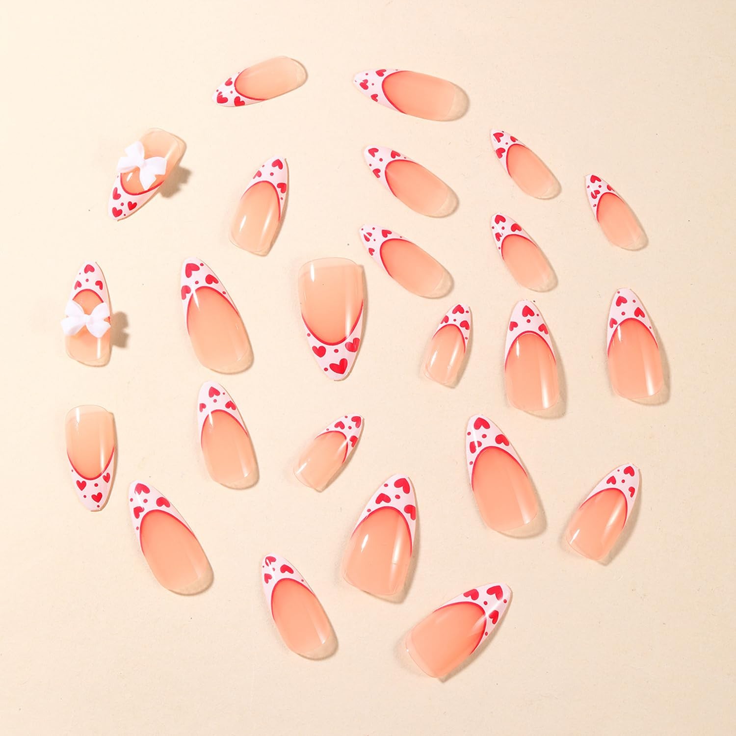Valentines Press on Nails Medium Almond Fake Nails With Red Heart 3D Bow Char…
