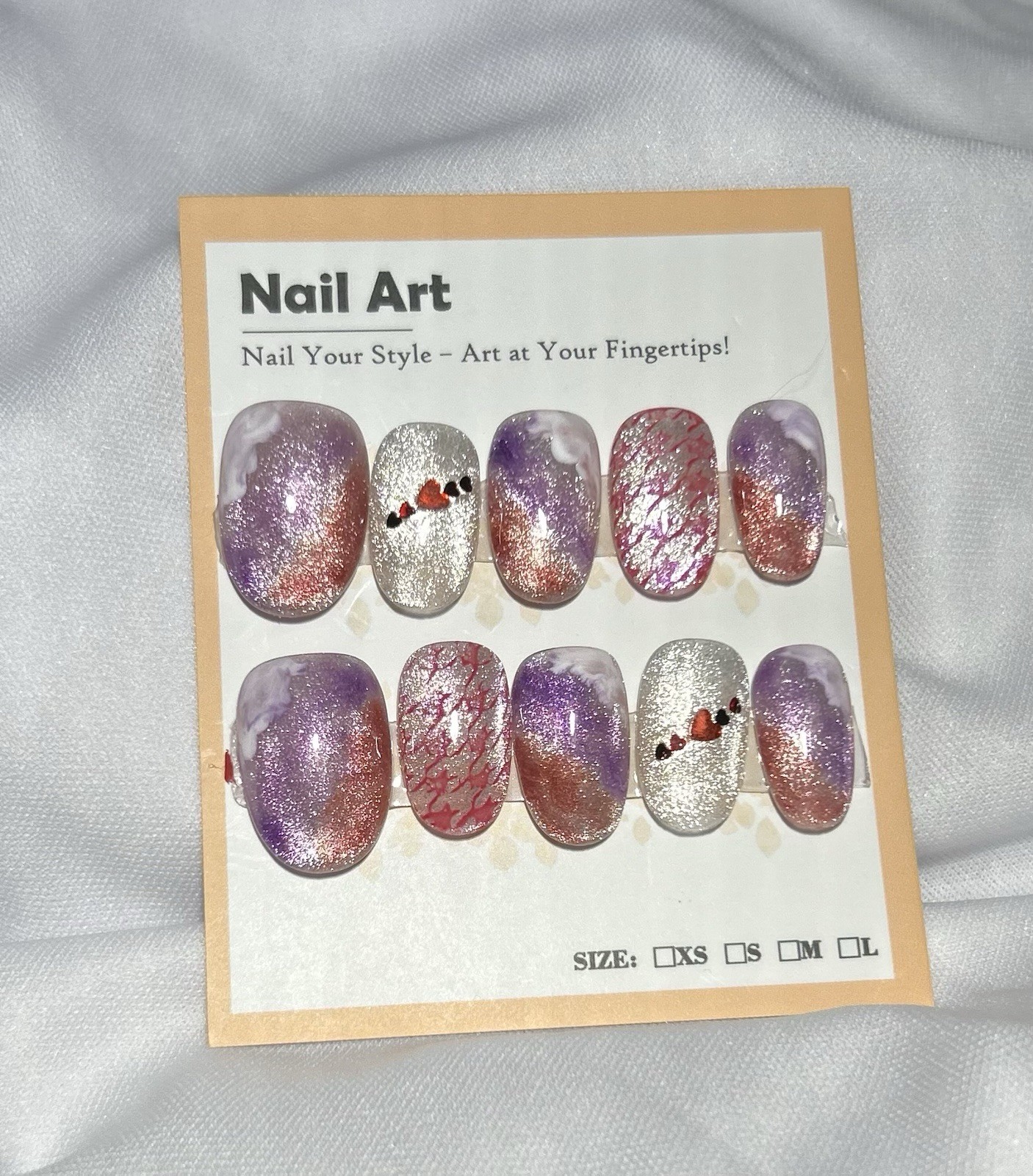 Glitter Purple Silver Pink Heart Press-On Nails L Oval Full Cover Pre-Designed