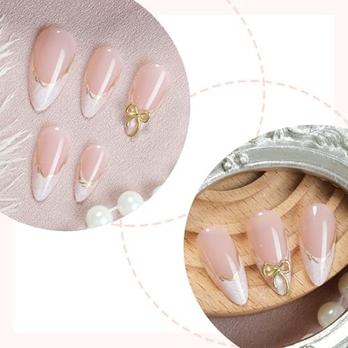 24pcs White French Tip Press On Nails, Almond Fake Nails with 3D Bow, Acrylic