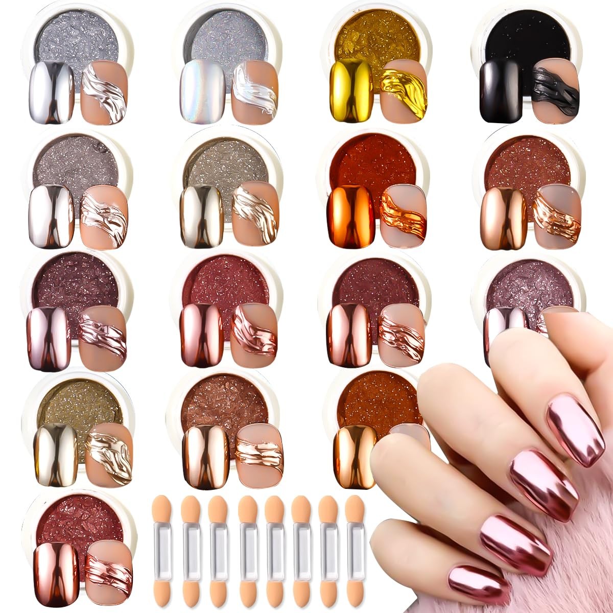 16 Jars Chrome Nail Powder for Gel Nails, Holographic Mirror Metallic Effect Fin