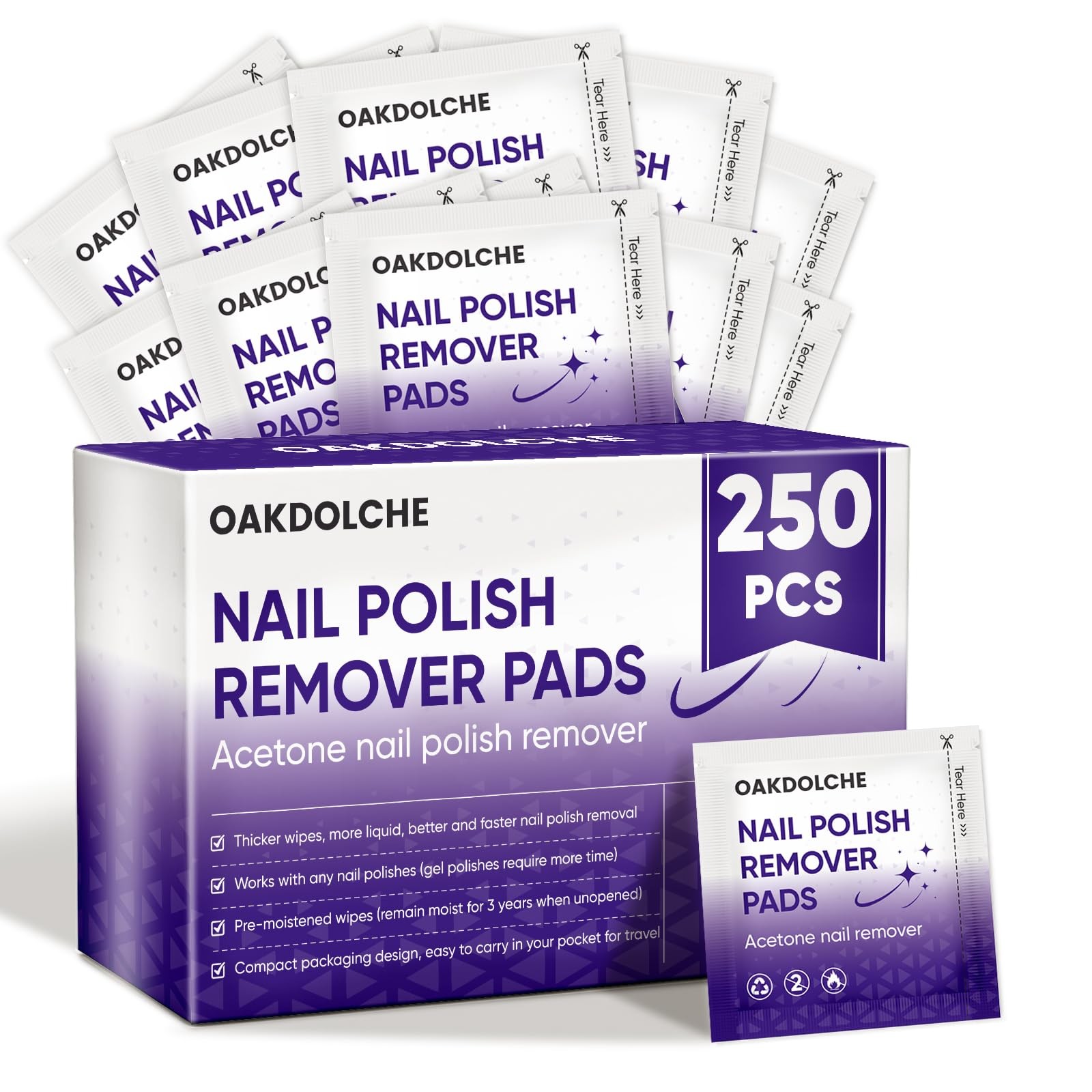 OAKDOLCHE 250 Pack Bulk Acetone Nail Polish Remover Pads, Individually…