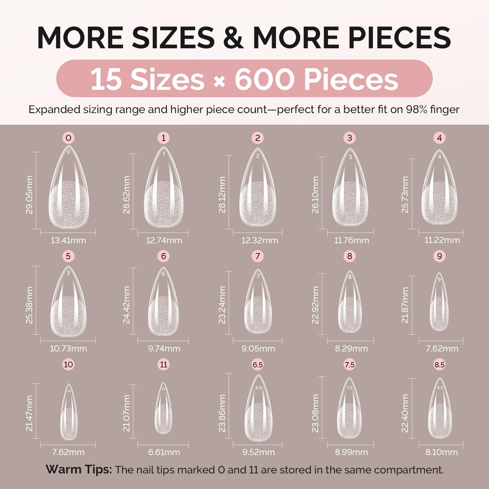 Medium Almond Stiletto X Nail Tips – 600Pcs 15 Sizes Clear Acrylic, Half Matte