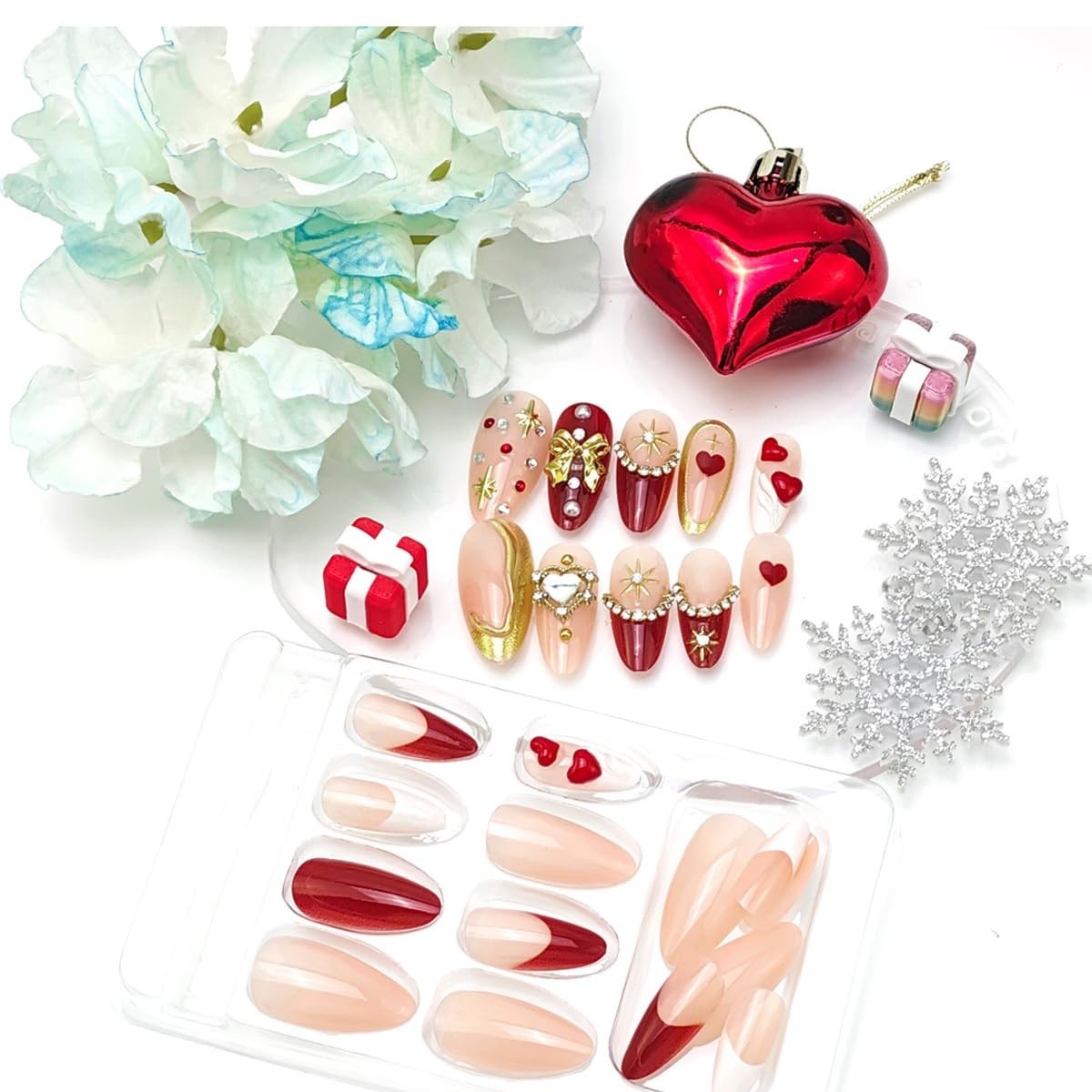 24Pcs Valentines Press on Nails Medium Almond Fake Nails 3D Gold Bow Pearl Rh…