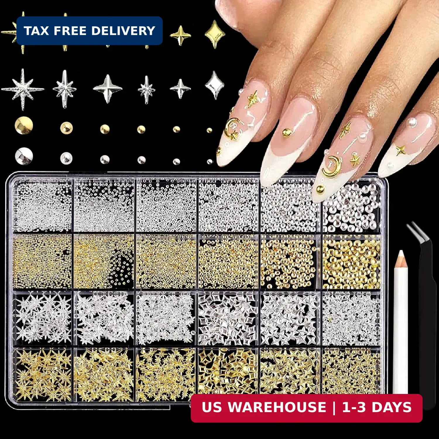 3D Star Nail Charms, Gold & Silver Multi-Shapes Metal Nail Art Gems and Small Ro