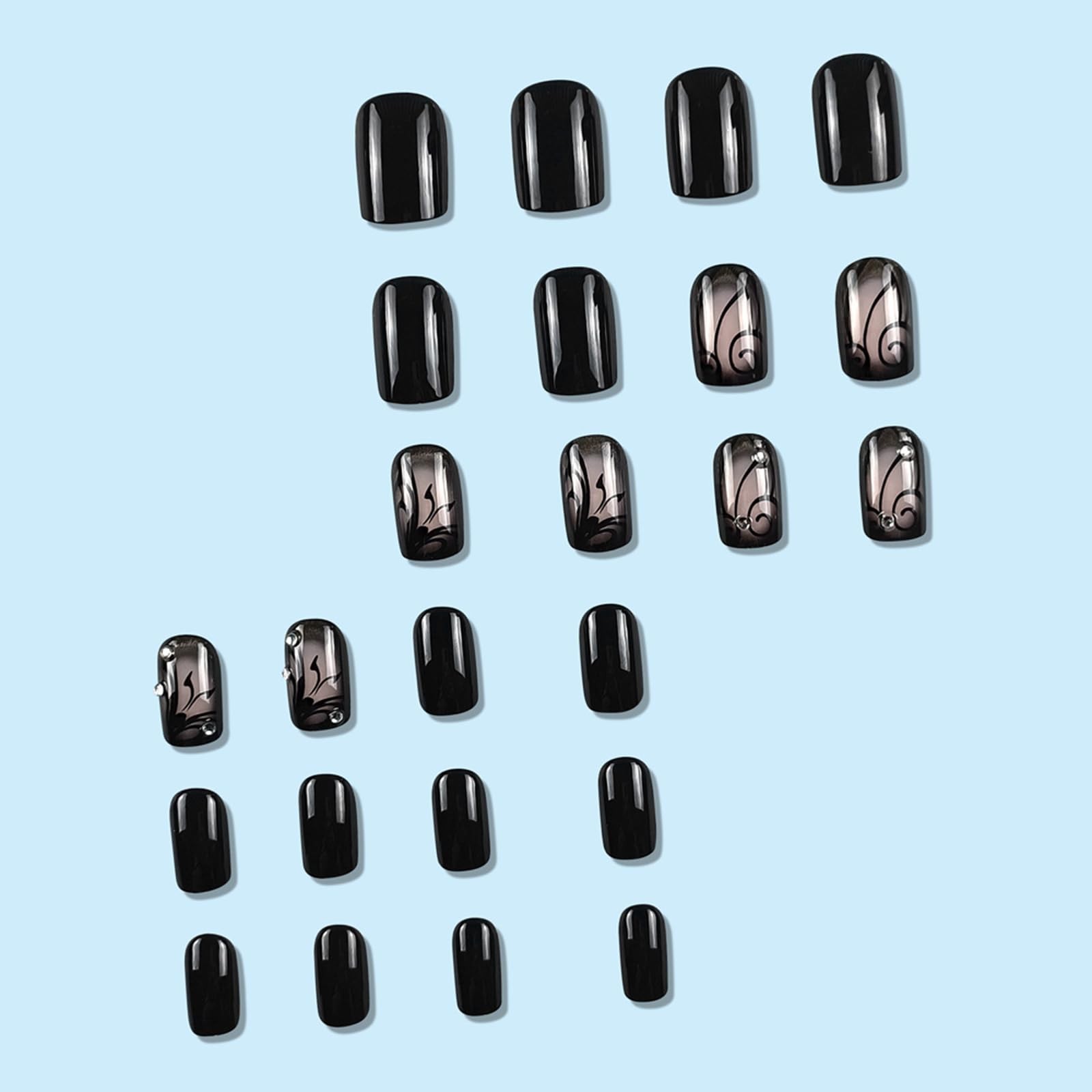 French Short Press On Nails, Halloween Black Vine Square Short,