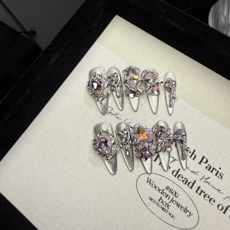 10Pcs Handmade Black Silver Cat Eye Nails Pink Diamond Long Stiletto