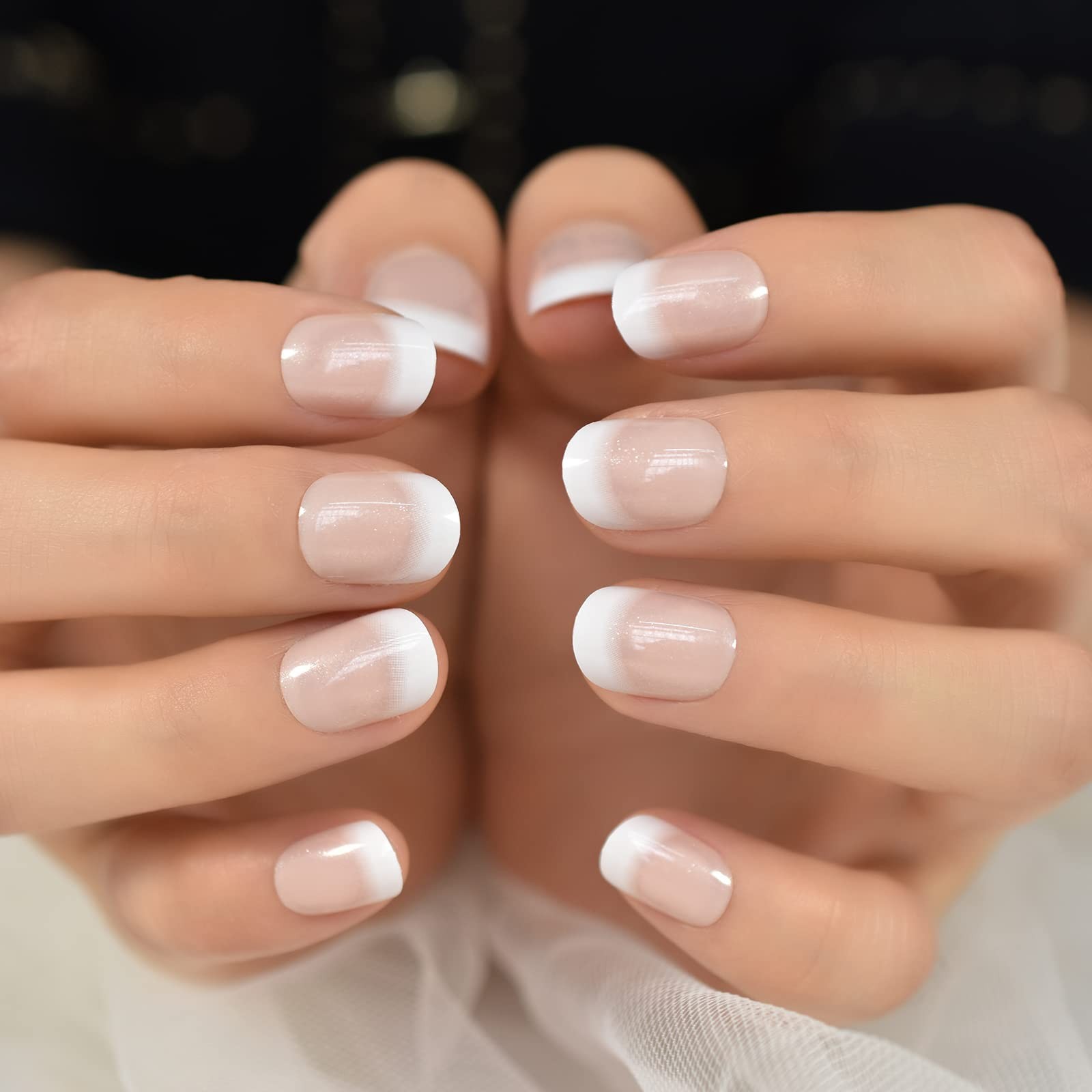 Press on Nails Natural Nude Pink White with Glitter French False Nail Art Tip…
