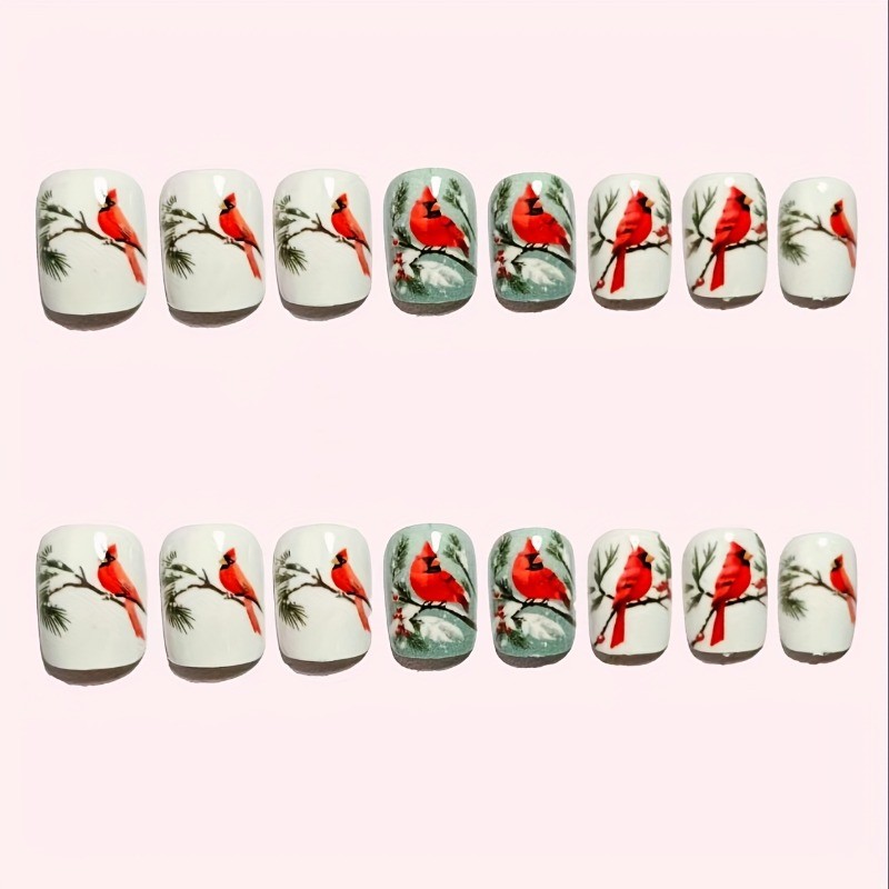 48pcs Christmas Cardinal Press On Nails Snowy Festive Holiday Wearable Nail Art