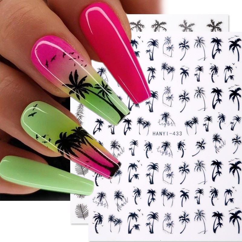 3D Nail Art Stickers Coconut Tree Sunflower Leopard Butterfly Flower Decals DIY