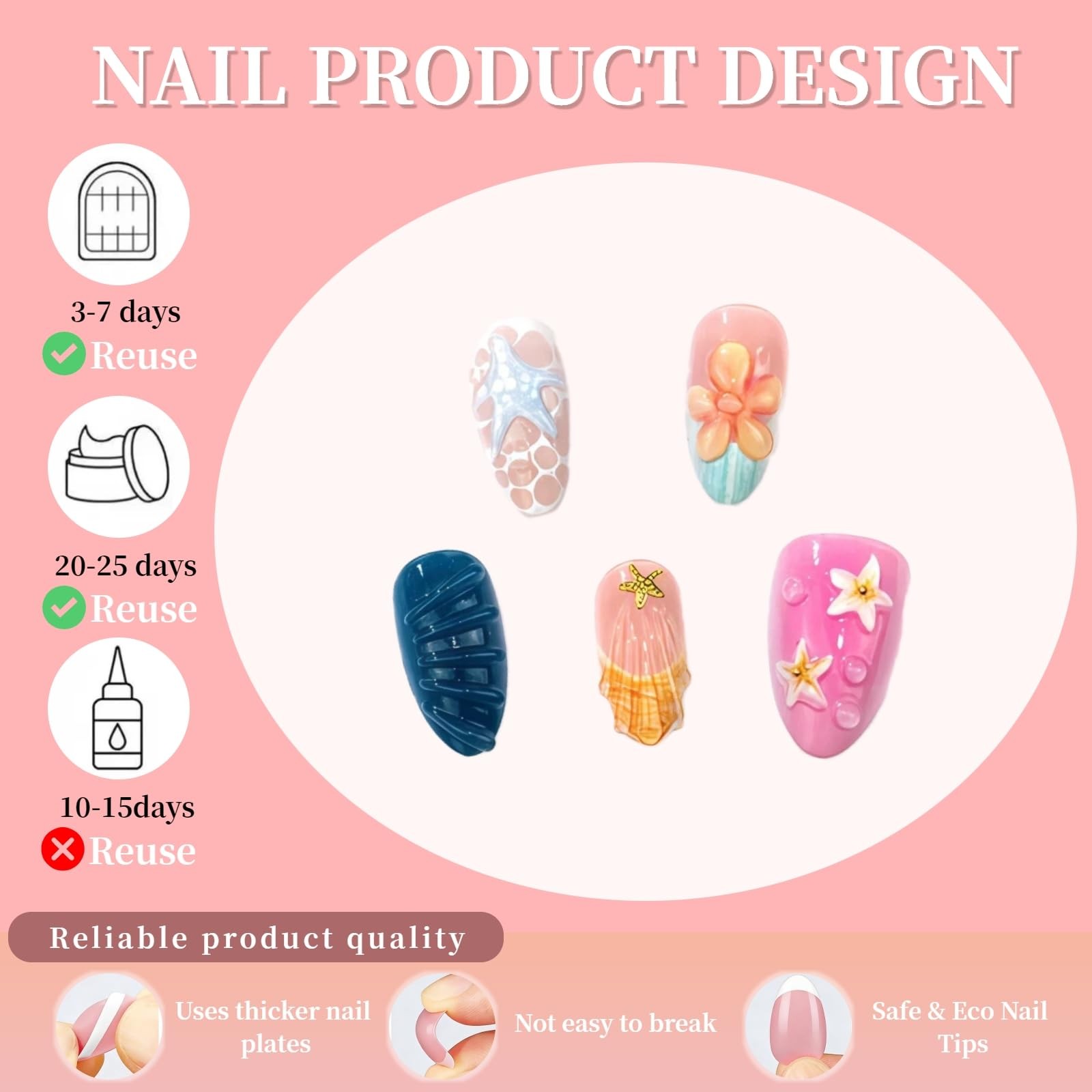 Tephrent French Tip Press on Nails Medium Almond Beach Flowers