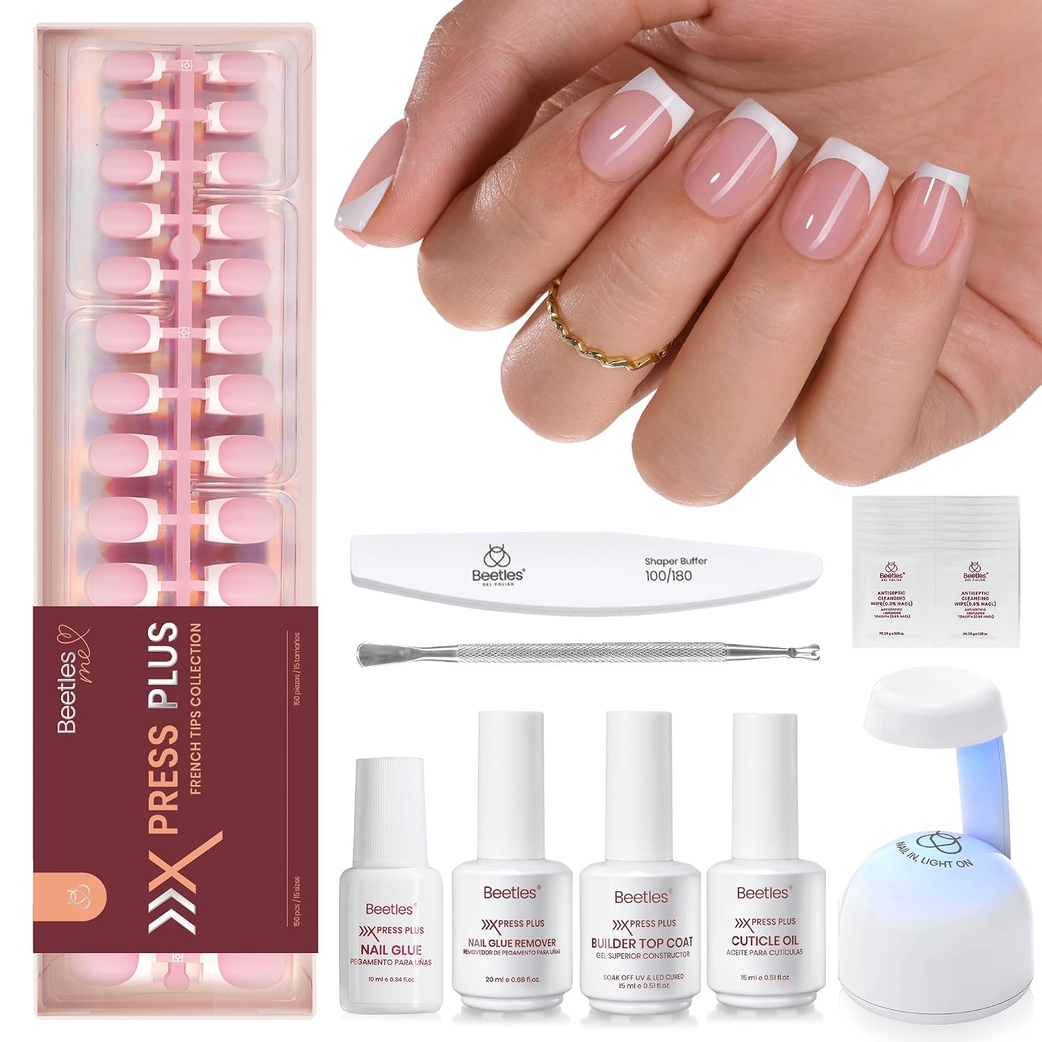 Press on Nail Kit-Short Square French Tip Press on Nails, 150Pcs Pink French Nai