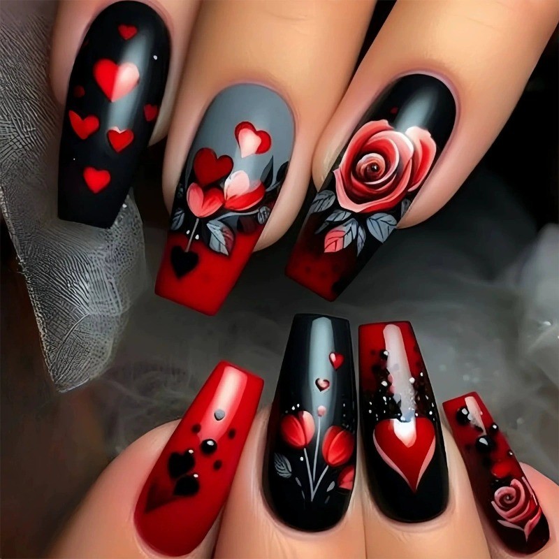 48 PCS of ballet rose heart red and black polka dots suitable for women’s nail