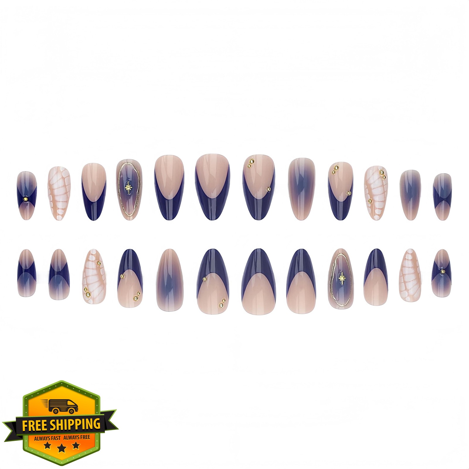 24Pcs Ombre Blue Press on Nails Medium Almond Fake Nails with Star Rhinestone…