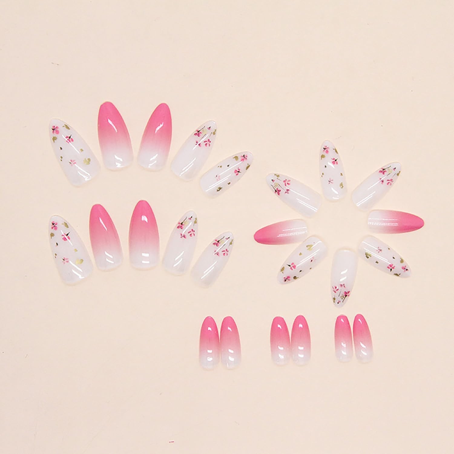 Almond Press on Nails Tip Medium, Artificial Fake Nails with Cute Flower Desi…