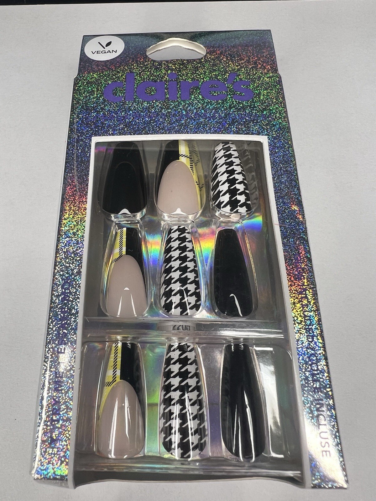 24pc Claire’s Fake False Press On Nails Glue On Vegan Houndstooth Coffin