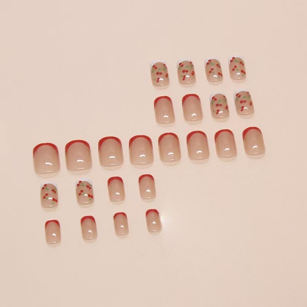 Cherry Press on Nails Short Square Fake Nude Glossy False Short, S07