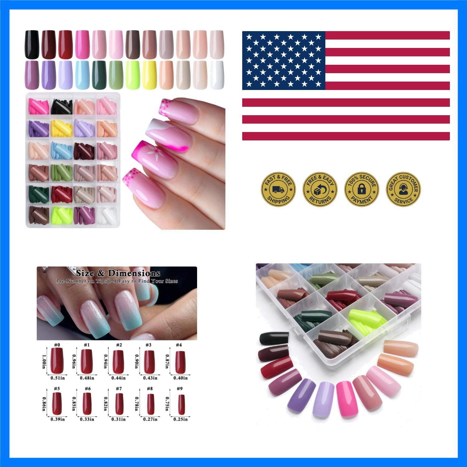 576pc Medium Square Press on Nails Kit Glossy Colored Straight Fake Nails Ful…