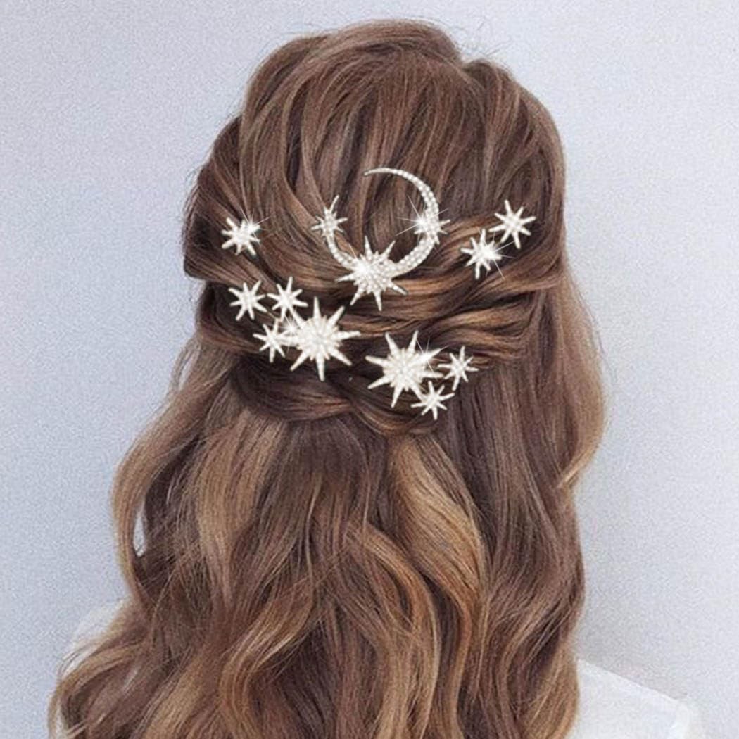 Unicra Star Moon Bride Wedding Hair Pins Crystal Bridal Pieces Silver