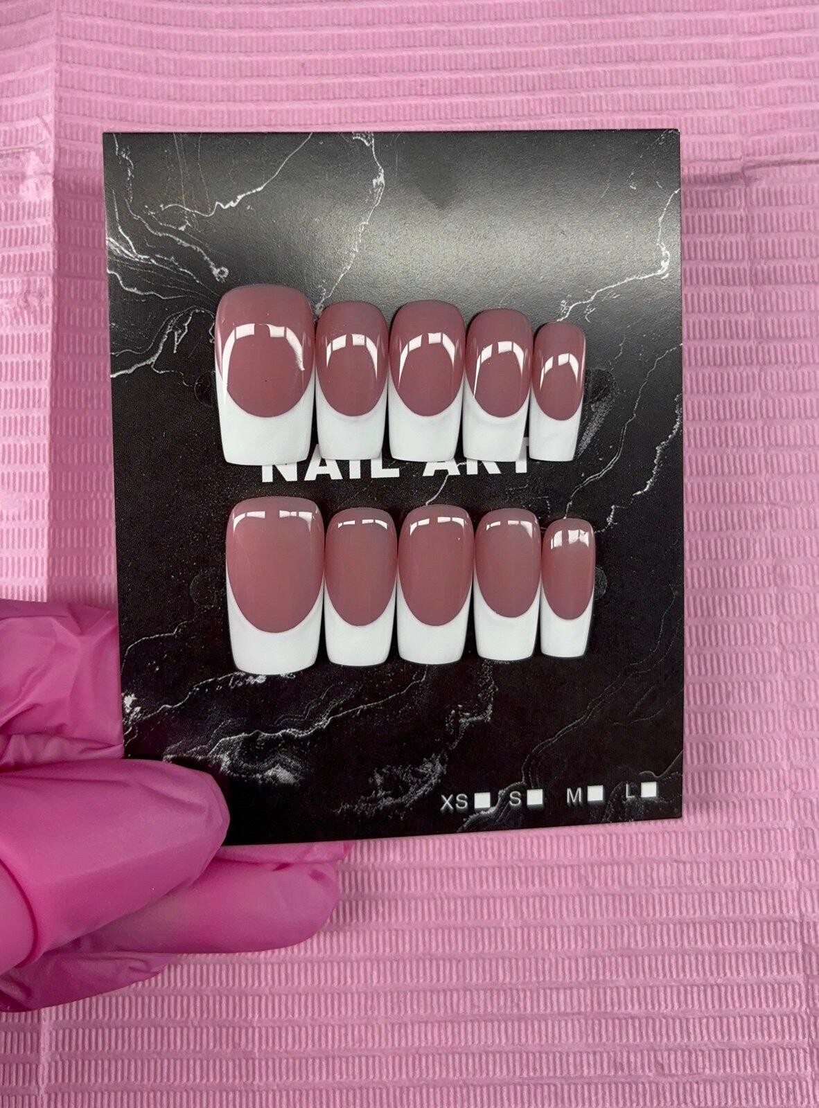 Medium square Press on nails white French tips nude gel