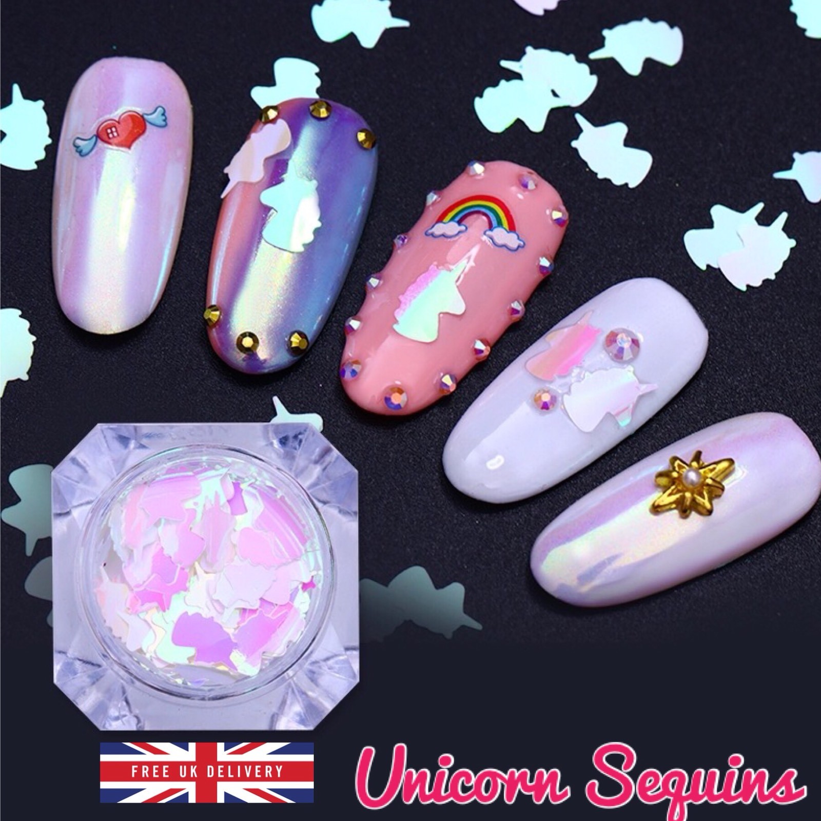 UNICORN SEQUINS AB Colour Flakes Nail Art Glitter Shape Decoration Iridescent UK