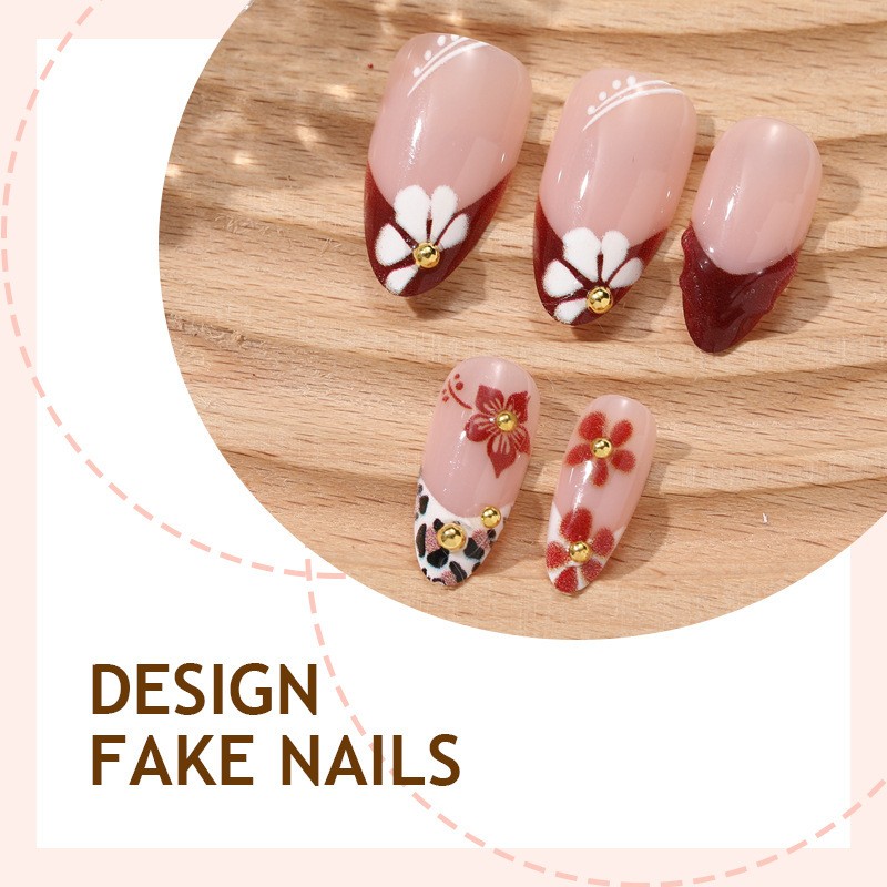 60pcs Short Almond Press on Nails, Wine Leopard 3D Cherry Red Floral Nails