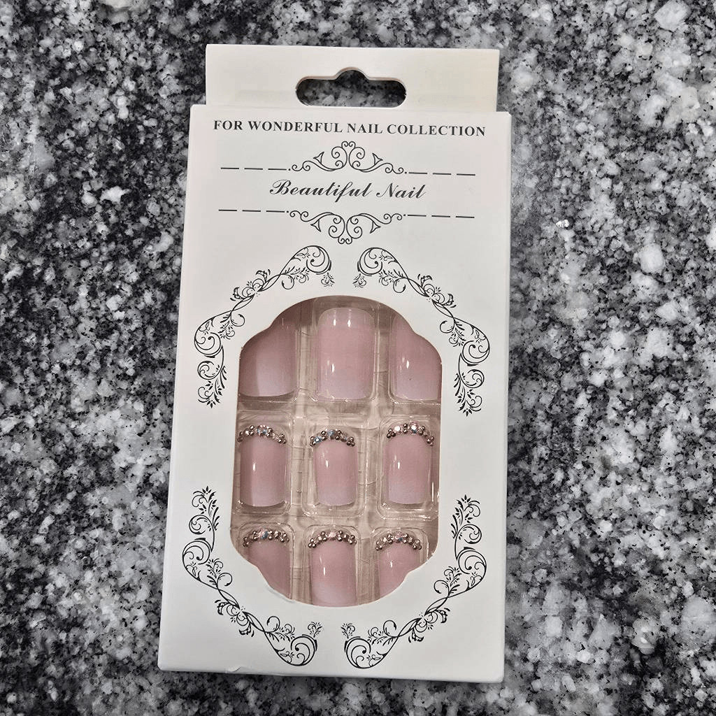 Set of 2 Press-On Nail Kits 24pcs Each | Nude Rhinestone & Neutral Heart Design