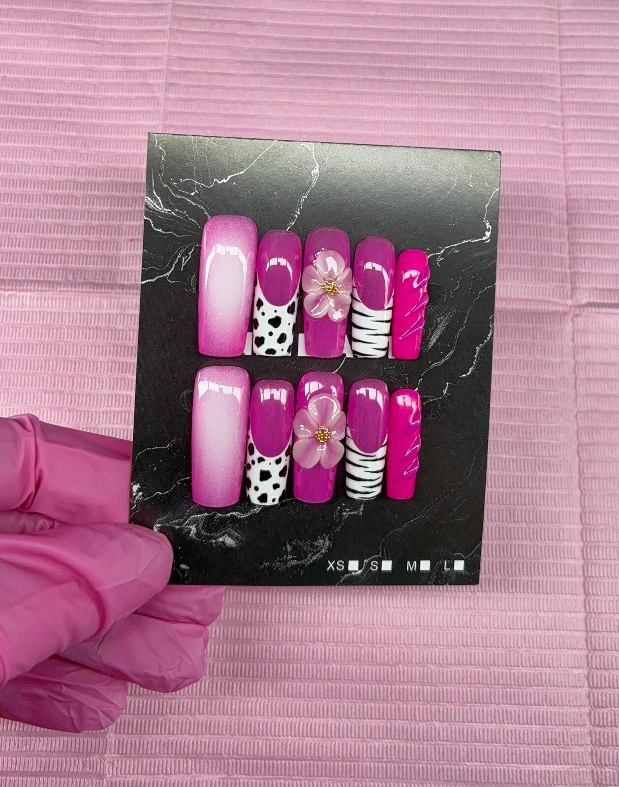 Long square press on nails animal print 3d gel flower aura