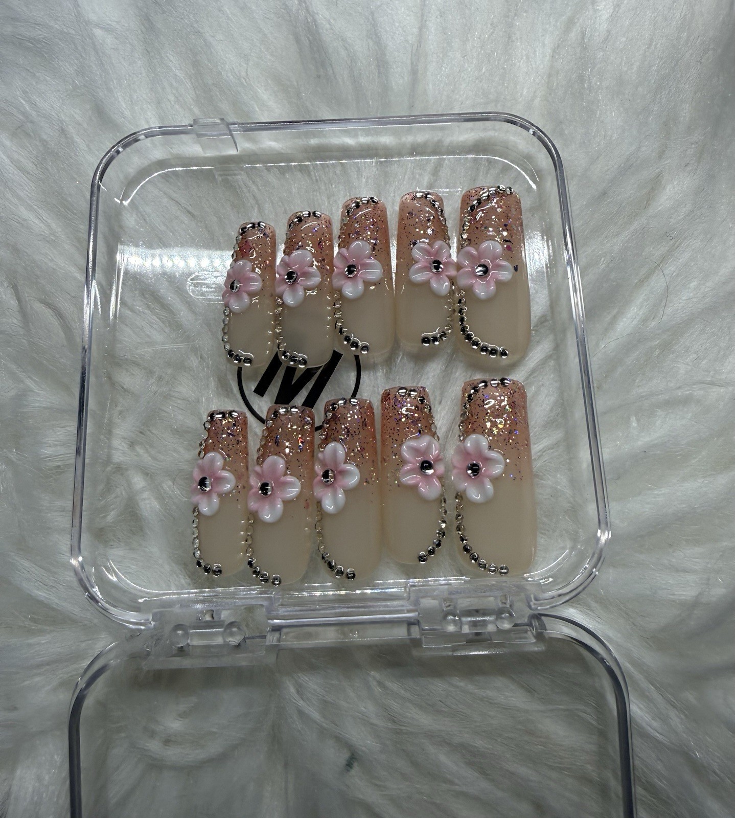 Long Coffin Press-On Nails Beige Pink 3D Shiny Flowers Rhinestone Full Cover