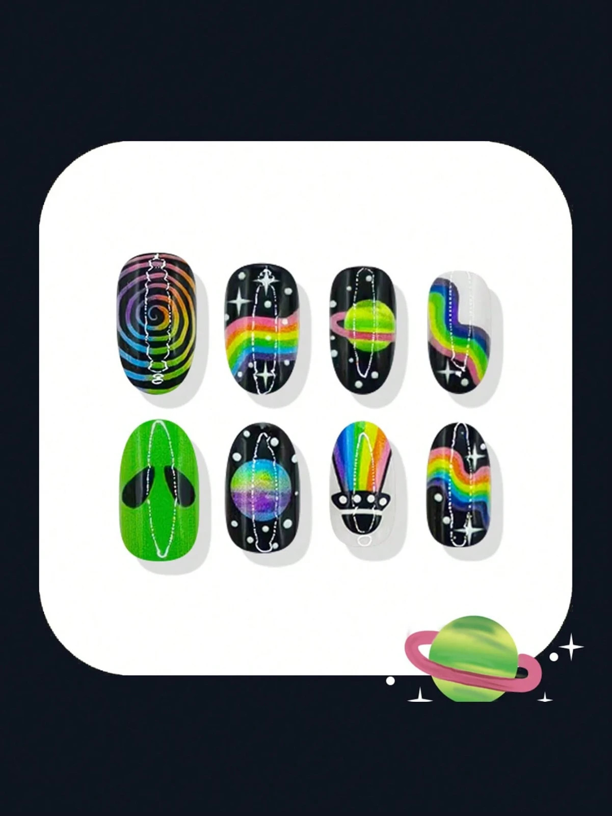 24PCS Y2K Alien Press On Nails Short Oval UFO Rainbow Space Full Cover Reusable