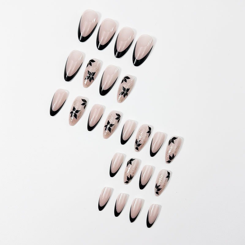 48PCS Long Almond Nail Press Reusable Bare Powder Ribbon Black Flower Fake Nails