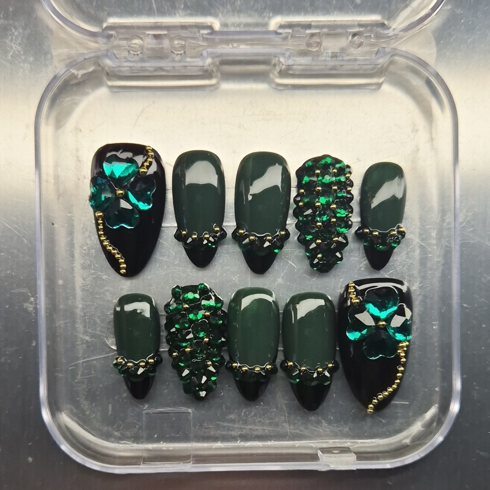 Green Black Gold 3D Flower Almond Press-On Nails Pre-Designed Full Cover