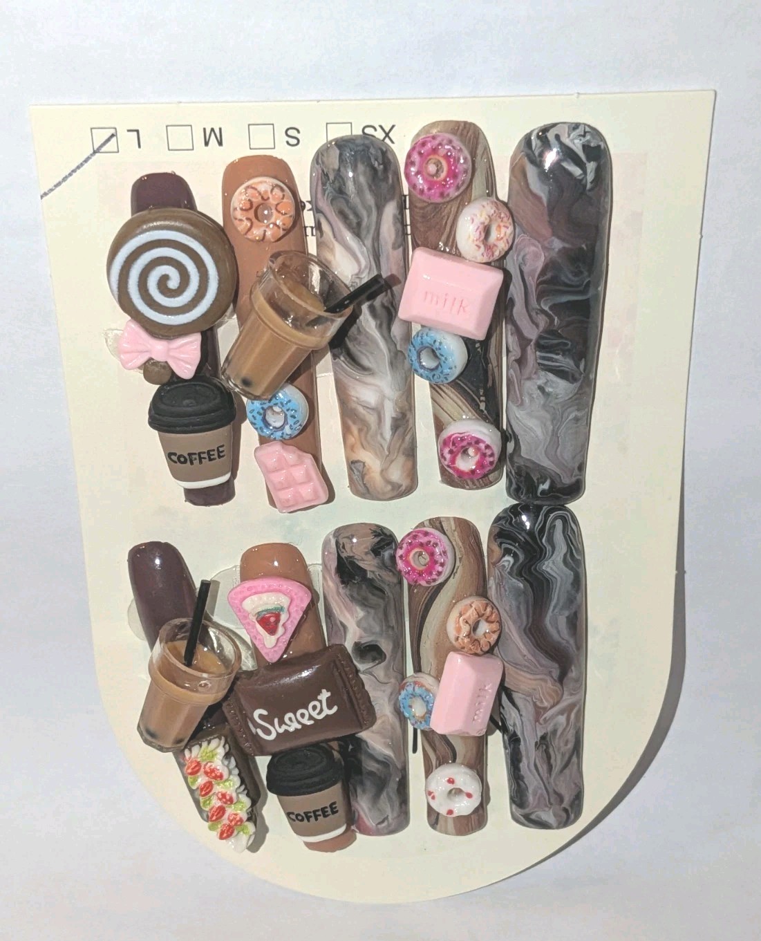 Hand Crafted 3Xl Java Marble Brown & Pink 3D Dessert Press-On Nails Sz Large