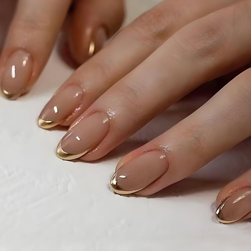 24pcs Gilding French Style Elegant Ins Pretty Press on Nails, Short Oval Shape