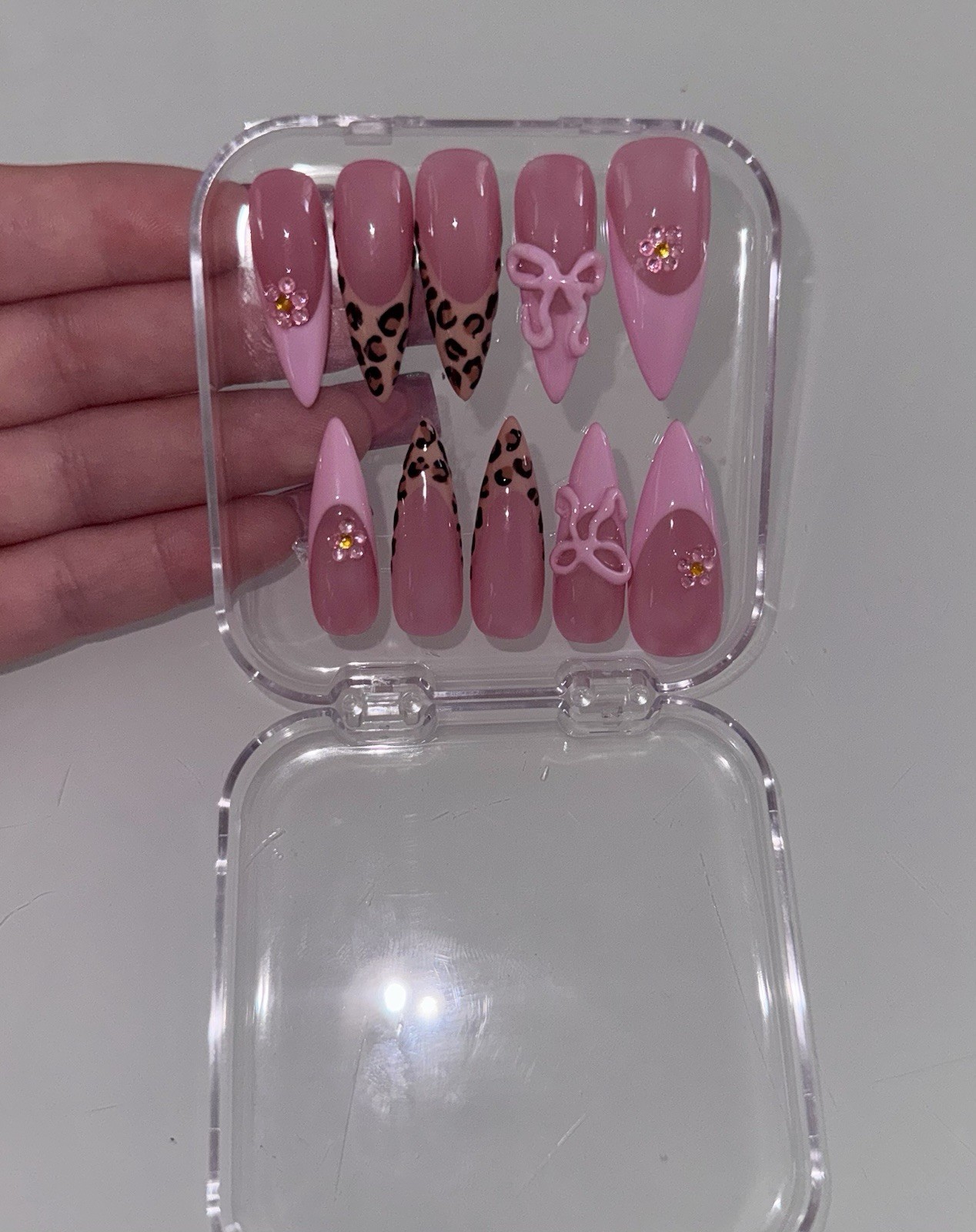 CUSTOM ✨Press-On Nails Long Stiletto 3D Shiny Leopard Theme pink size medium