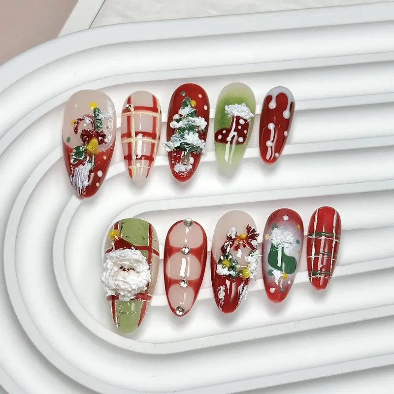 Christmas Style Elegant Press on Nails Red Green Shiny Diamond Bell Snowflake De