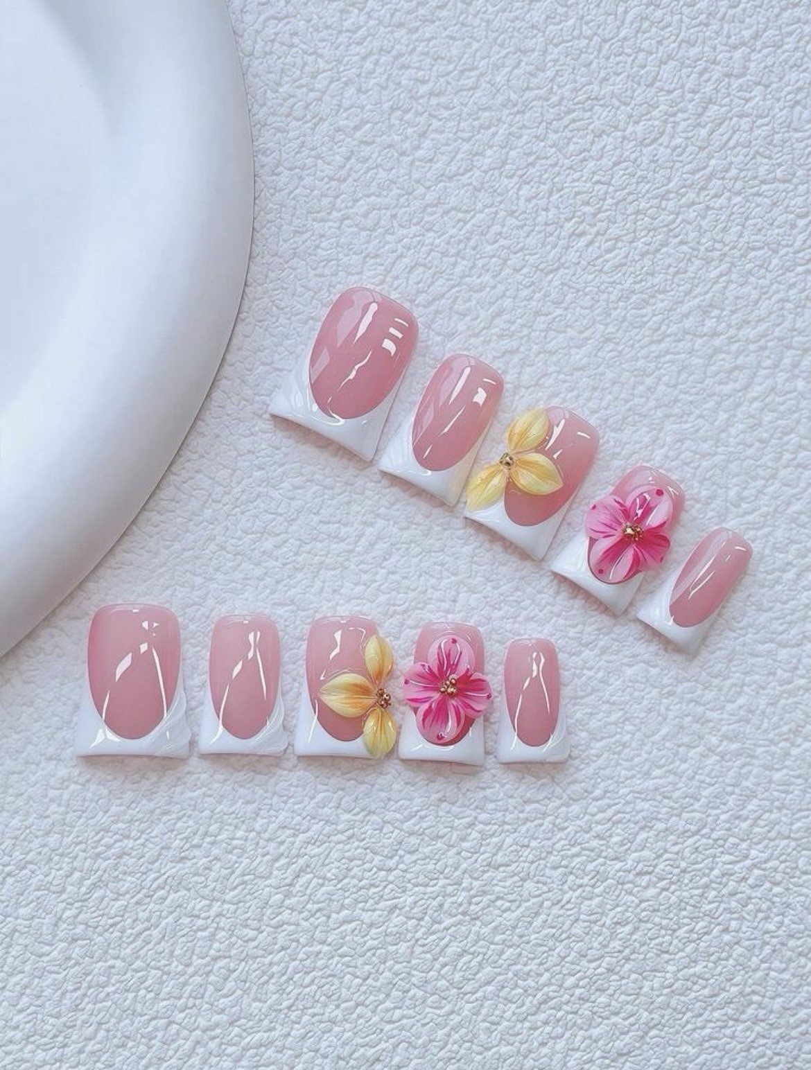 Medium Pink White French Tips Square Full Cover 3D Flower Nail Art Set