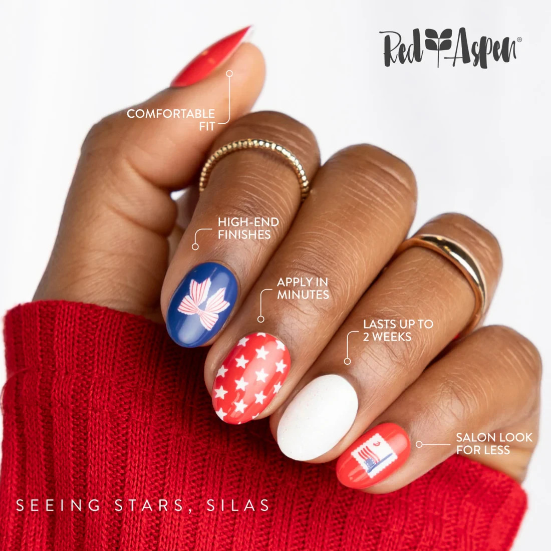 Red Aspen Press On Nails-Seeing Stars, Silas Short Almond Patriotic Bow Star