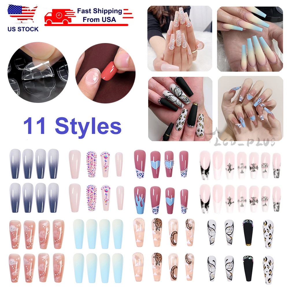 1-100Pcs Coffin Nail Tips Long Square French Fake False Nails Full Cover US