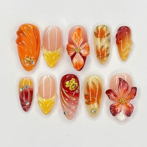 24Pcs Fall Press on Nails Medium Almond Fake Nails Fall Floral & Leaf Style-6