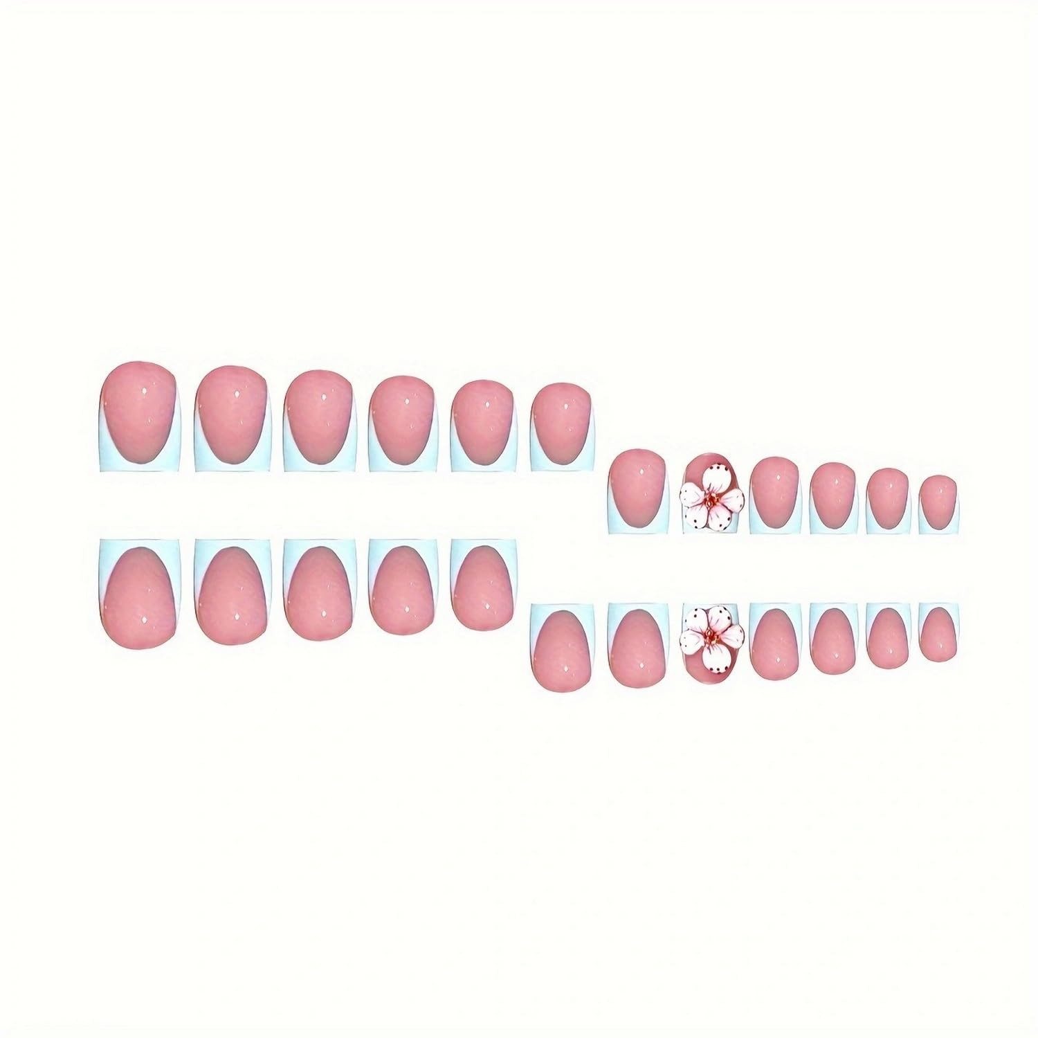 24 Pcs Floral Press on Nails Blue French Tip Fake Nails Extra Short Style 18