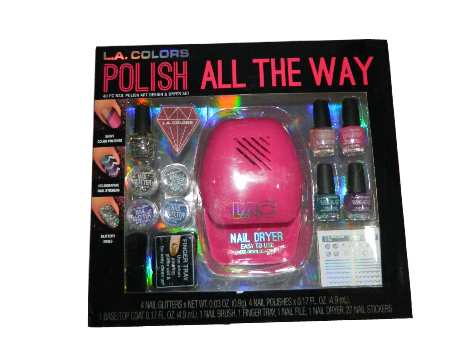 L.A. Colors Polish All The Way 40 Pc Nail Polish Art Design and Pink Dryer Set