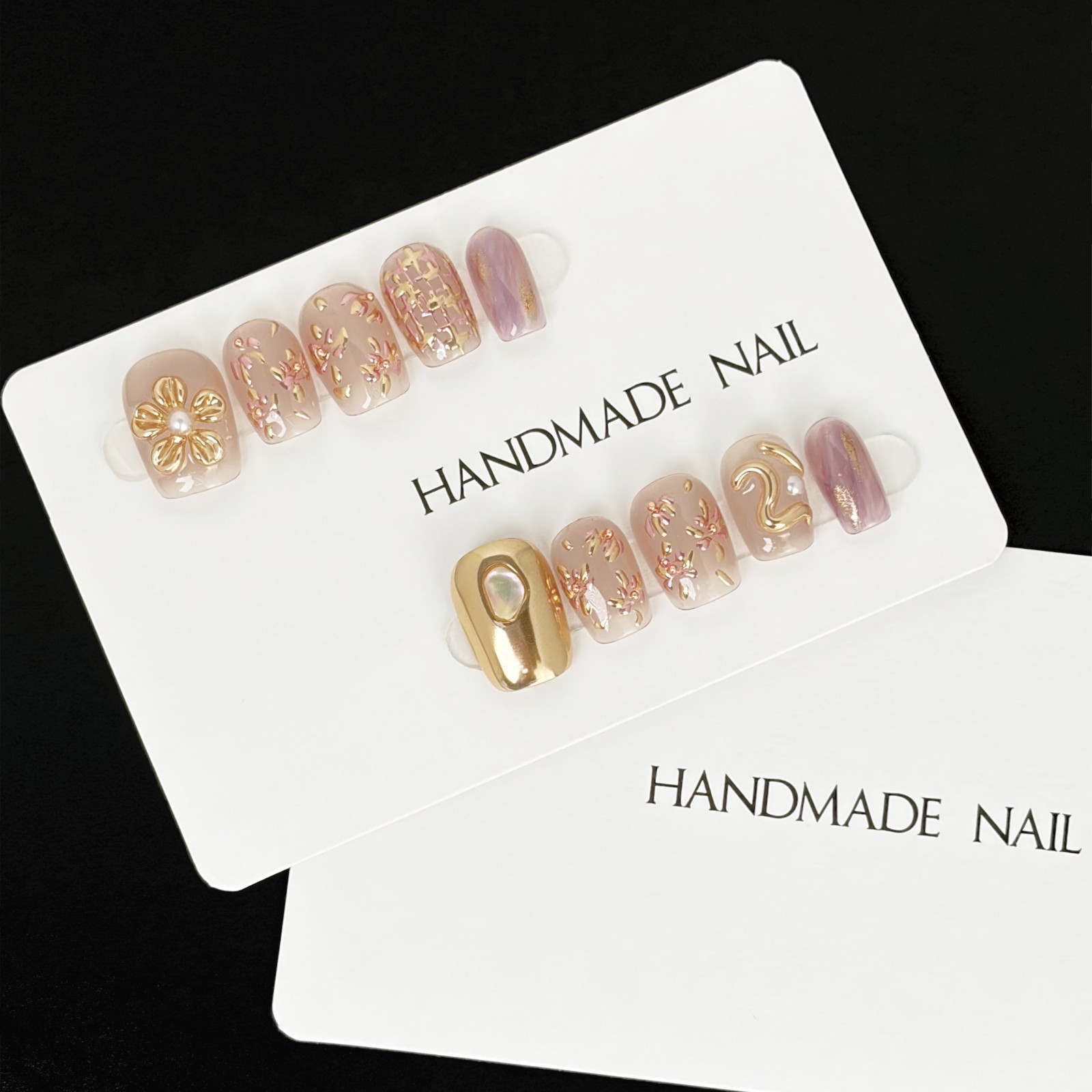 Pink Purple Press On Nails Short Square Gold Flower Pearl Handmade Set gift