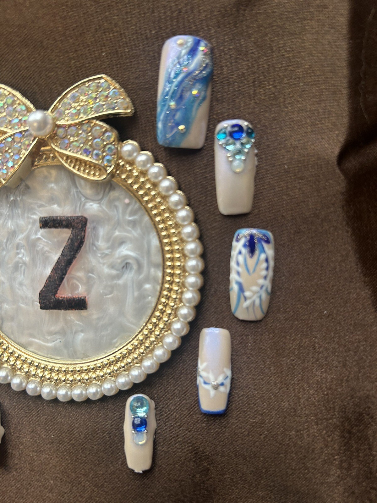 Z NAILZ! Handmade L Square Nude W/shades Of Blue Freestyle Design Press On Nails
