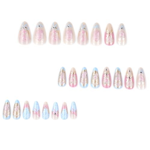 24Pcs Almond Press on Nails Heart Flowers Fake Nails with Heart Flowers Style 7