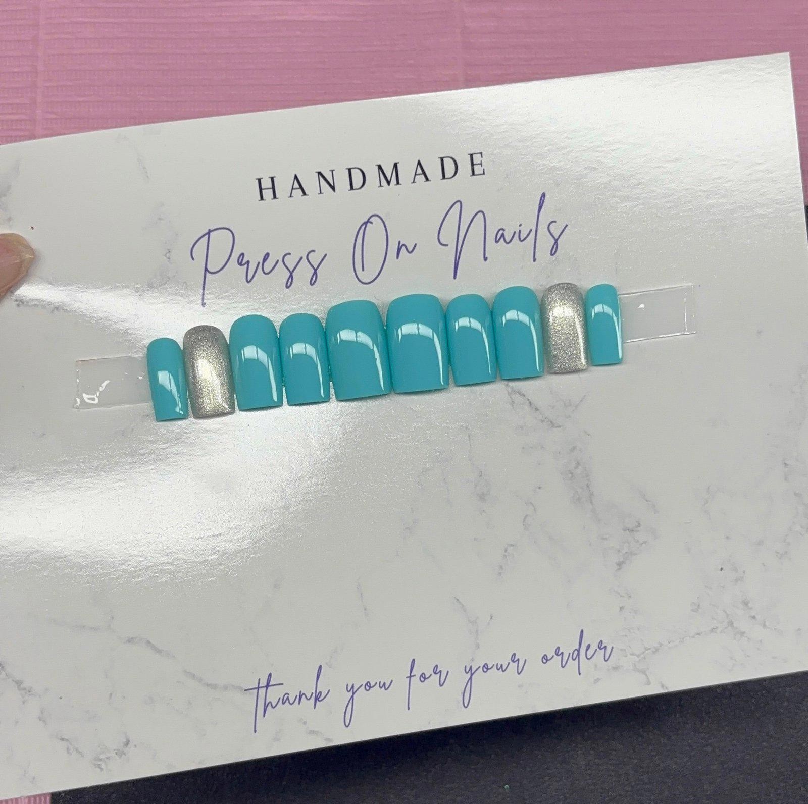 Short square Press on nails silver glitter teal light blue handmade custom gel